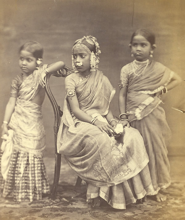 Studio Portrait of Three Girls Wearing Jewellery - Madras (Chennai) - 1870
