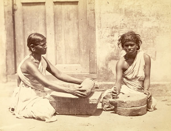 Two Women with a Curry Stone and a Raggy Mill - Madras (Chennai) - 1870