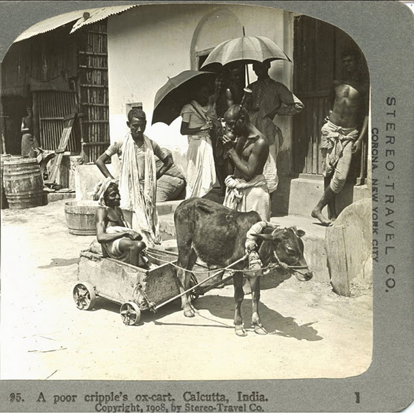 Poor Cripple Beggar's Ox Cart and Men Standing behind - Calcutta (Kolkata)