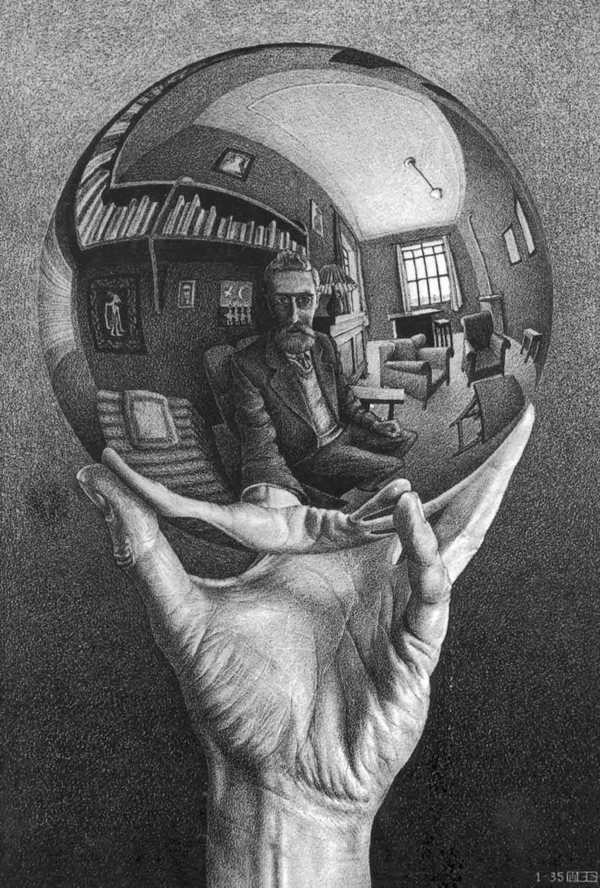 Hand with reflecting sphere by M.C. Escher