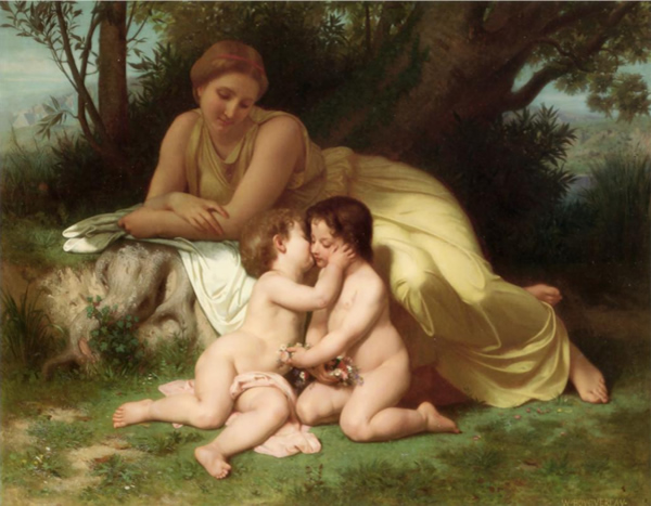 Young Woman Contemplating Two Embracing Children, 1861