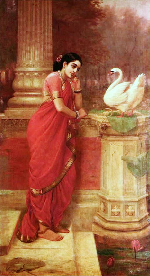 Princess Damayanthi talking with Royal Swan about Nala by Raja Ravi Varma