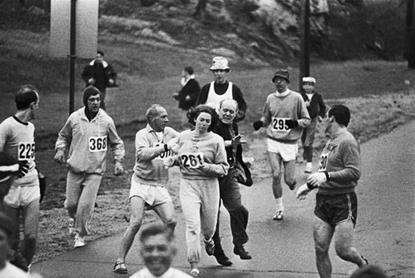 Women were not allowed to run the Boston Marathon in 1967. Kathrine Switzer dodged that rule, and became the first woman to finish despite organizers trying to stop her.