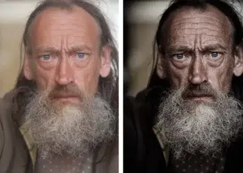 Before and after grunge photo edit of a bearded man's portrait