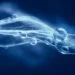 Glowing water droplets on delicate threads against a deep blue background