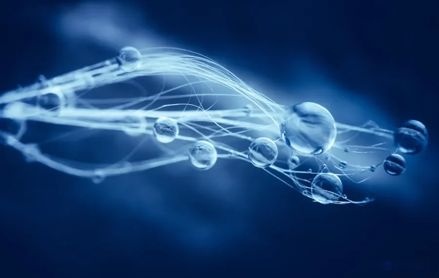 Glowing water droplets on delicate threads against a deep blue background