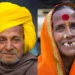 Portraits of an Indian man in yellow turban and woman in orange sari at Ganga Sagar fair