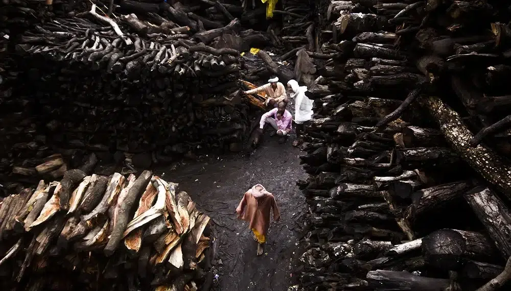 Workers among massive stacks of funeral pyre wood at Varanasi cremation ghats