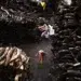 Workers among massive stacks of funeral pyre wood at Varanasi cremation ghats