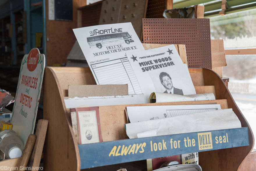 Political posters and papers in the entry of the store