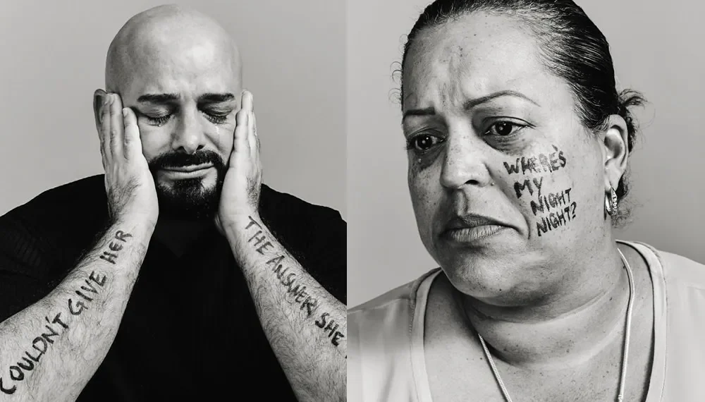 Black and white portraits of two people with handwritten messages on faces