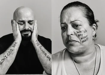Black and white portraits of two people with handwritten messages on faces