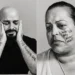 Black and white portraits of two people with handwritten messages on faces