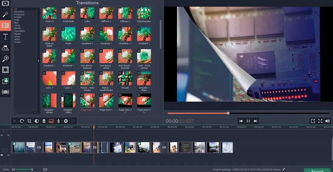 Video editor showing transitions panel with timeline and preview window