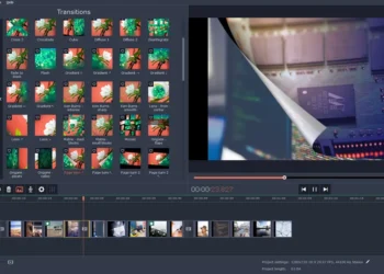 Video editor showing transitions panel with timeline and preview window