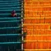 Worker tending vibrant teal and orange dyed yarn hanging to dry on wooden racks