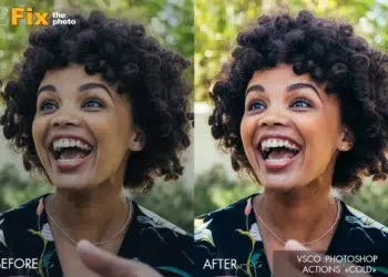 Before and after portrait edit using VSCO Cold Photoshop action on a woman