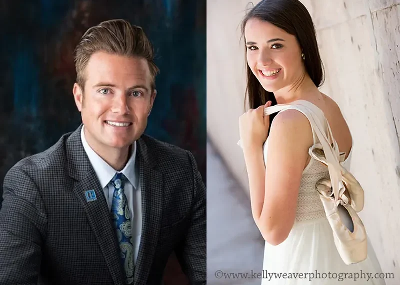 Side-by-side portraits of a man in suit and a smiling ballerina