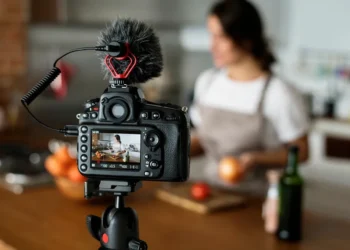 SLR camera on tripod filming woman cooking in kitchen