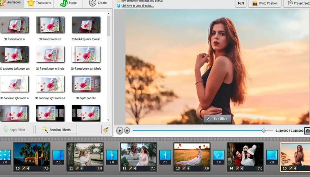 Slideshow maker software with animation effects panel and photo timeline