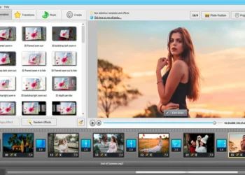 Slideshow maker software with animation effects panel and photo timeline
