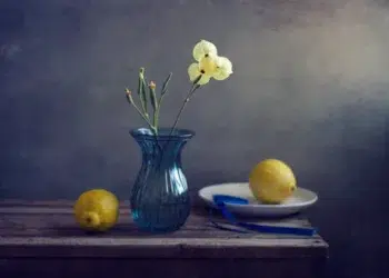 Still life with blue glass vase, white flowers, and two lemons on a table