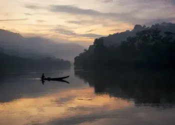Lone fisherman in a canoe on a misty river at dawn