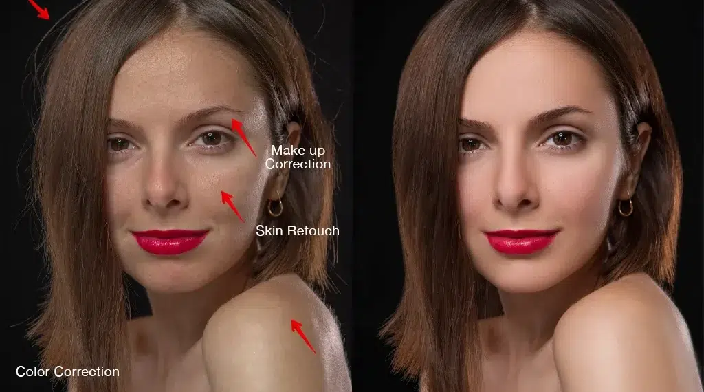 Before and after portrait showing photo retouching edits including skin, hair, and color correction