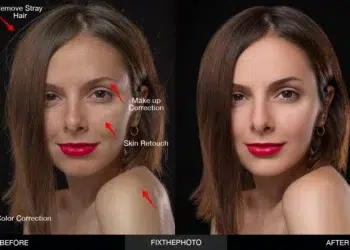 Before and after portrait showing photo retouching edits including skin, hair, and color correction