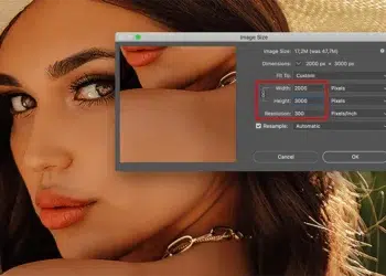Photoshop Image Size dialog showing resolution settings over a portrait photo