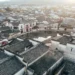 Aerial view of ancient Hui village with circular pond, China