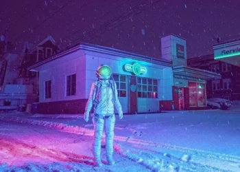 Astronaut standing in snowy street at night under neon purple lights