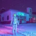Astronaut standing in snowy street at night under neon purple lights