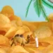 Miniature camel and figure standing among potato chips styled as a desert scene