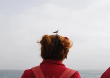 Seagull perched on a woman's hair by the sea, candid street photo