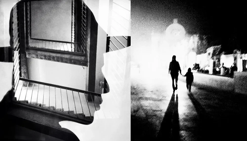 B&W diptych: double exposure portrait and mother-child silhouette walking