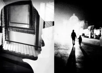 B&W diptych: double exposure portrait and mother-child silhouette walking