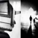 B&W diptych: double exposure portrait and mother-child silhouette walking