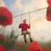 Man swinging from a giant poppy stem in a surreal flower field
