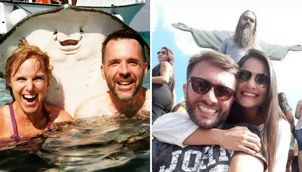 Stingray photobombs a couple and a man mimics Christ the Redeemer funny photobombing photos