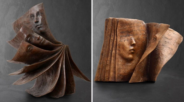 Amazing Bronze Sculptures Of Human Faces Emerging From Book Pages By Paola Grizi