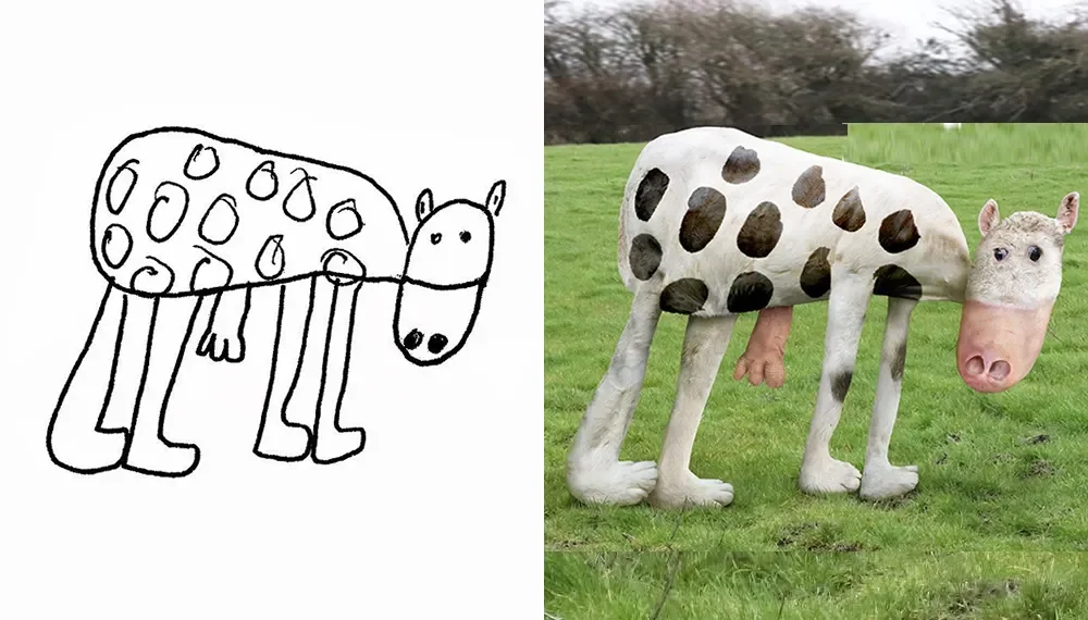 Side-by-side of a child’s spotted animal drawing and a real-life recreation in a grassy field.