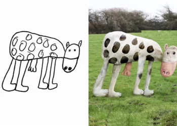Side-by-side of a child’s spotted animal drawing and a real-life recreation in a grassy field.
