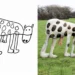 Side-by-side of a child’s spotted animal drawing and a real-life recreation in a grassy field.