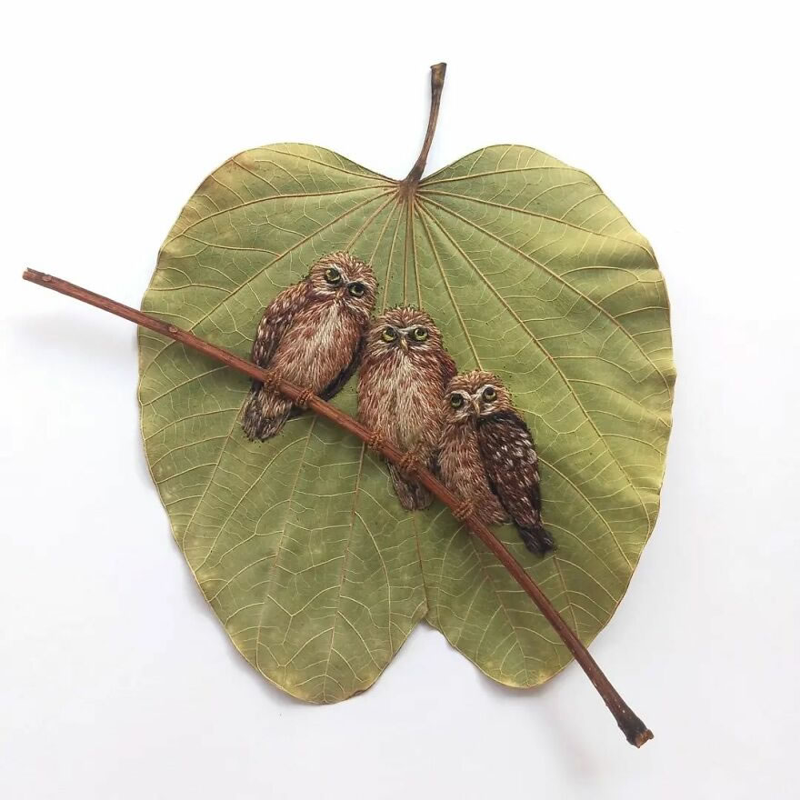 Pássaros bordados nas folhas por Laura Dalla Vecchia