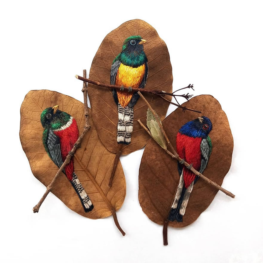 Embroidered Birds On Leaves By Laura Dalla Vecchia