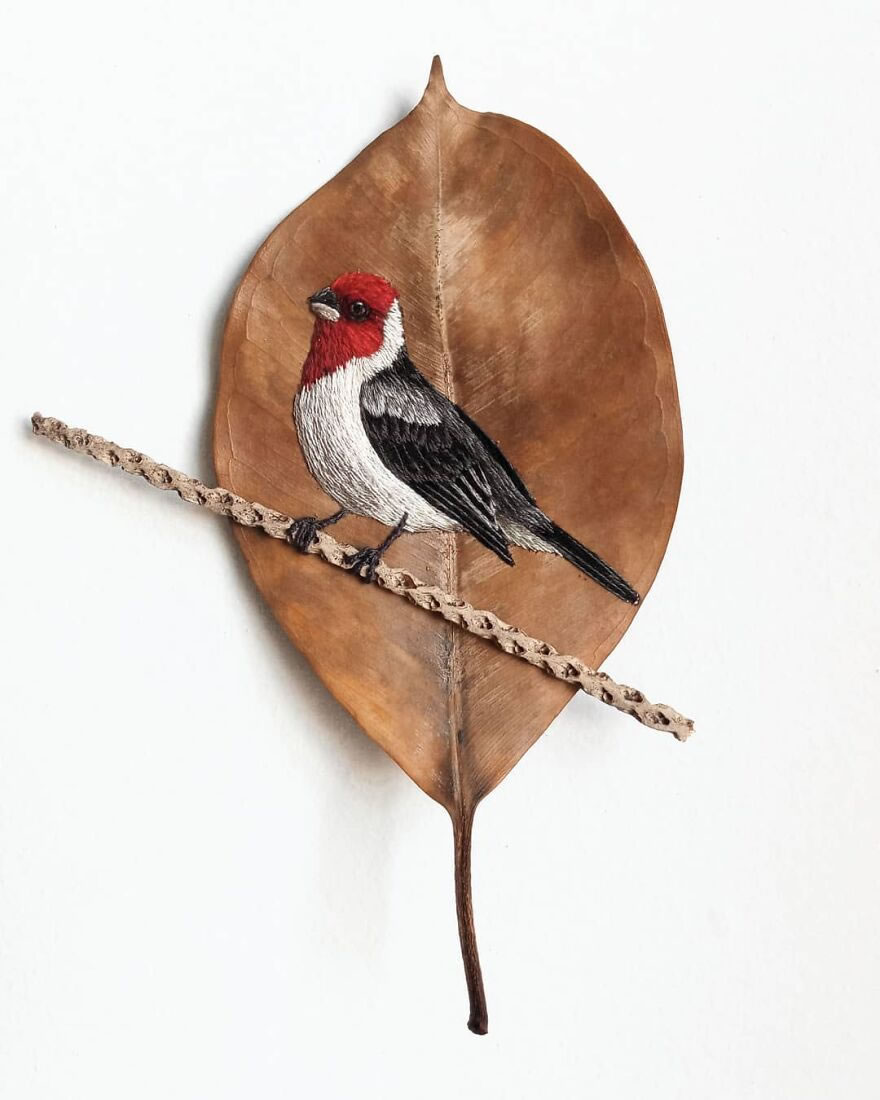 Embroidered Birds On Leaves By Laura Dalla Vecchia