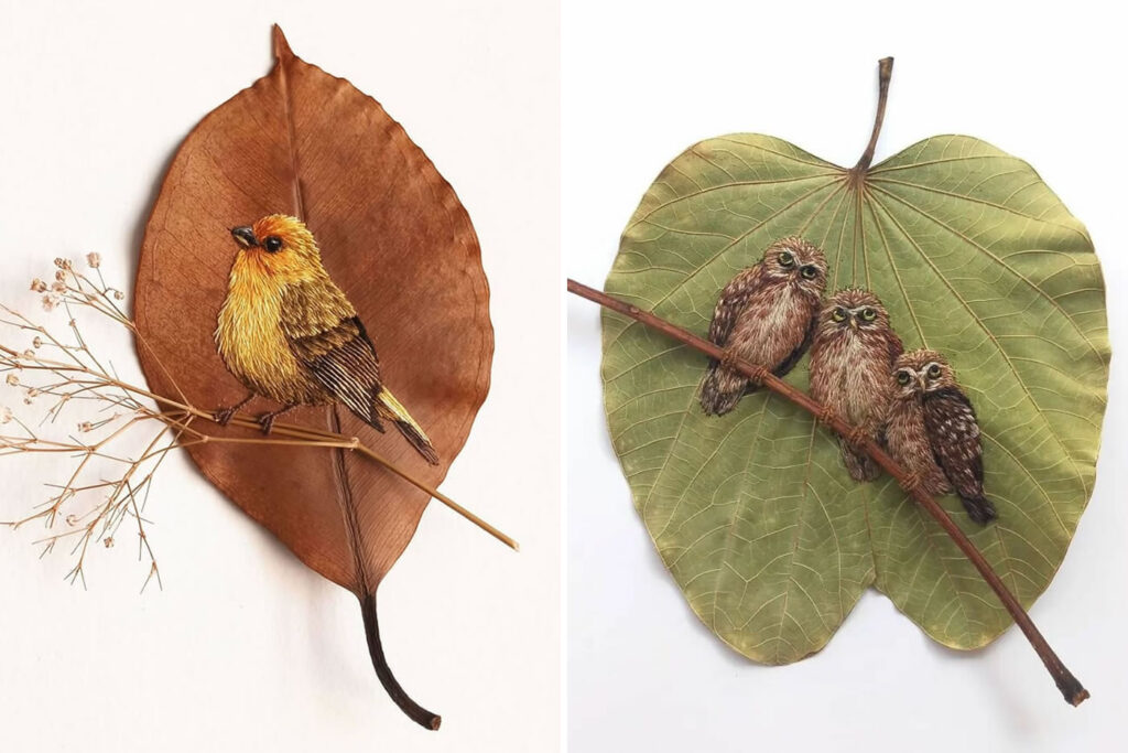 Brazilian Artist Laura Dalla Vecchia Amazingly Embroidered Birds On Leaves