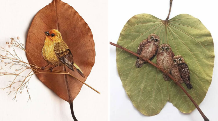 Brazilian Artist Laura Dalla Vecchia Amazingly Embroidered Birds On Leaves