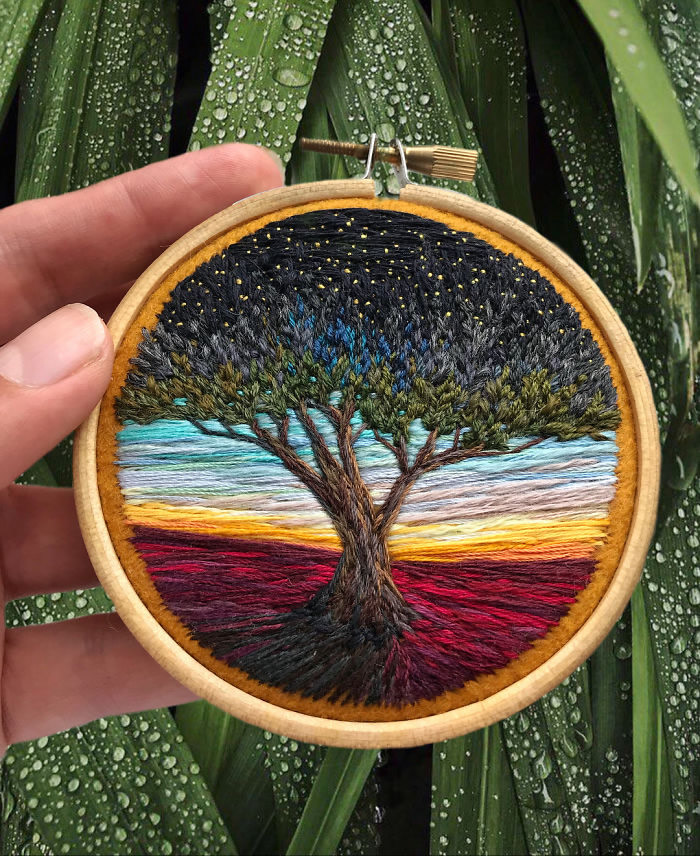 vera shimunia continues her series of intricately embroidered landscapes